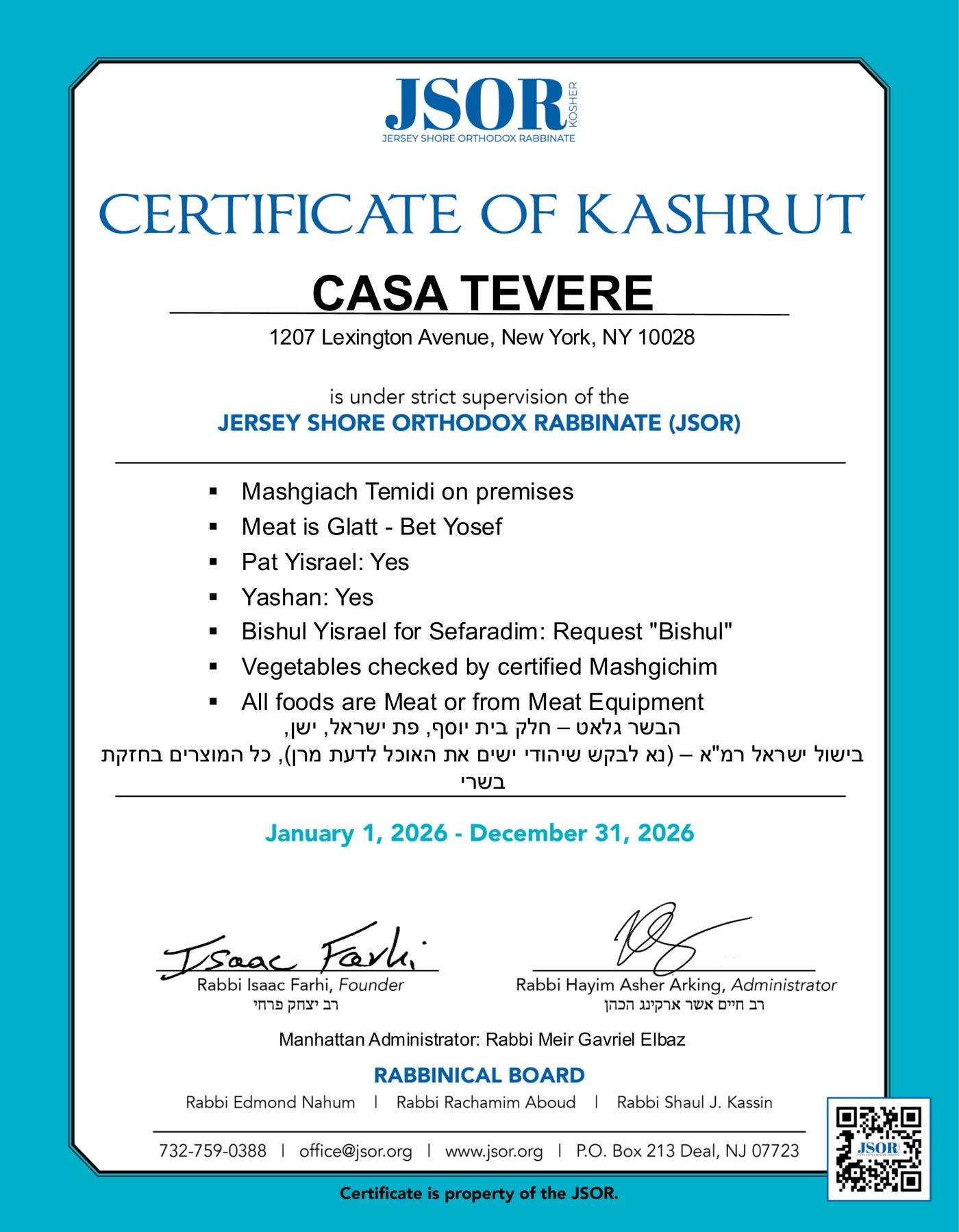 Casa Tevere Certificate of Kashrut - JSOR 2026. Under strict supervision of the Jersey Shore Orthodox Rabbinate. Valid January 1, 2026 through December 31, 2026.
